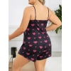 Büyük Beden Siyah Kalp Desen İnce Askılı Pamuklu Şortlu Pijama Takımı