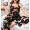 Büyük Beden Siyah Üstüne Çiçek Desenli İnce Askılı 2li Pijama Takımı