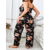 Büyük Beden Siyah Üstüne Çiçek Desenli İnce Askılı 2li Pijama Takımı
