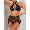 Deri Siyah Fileli Fantezi Sütyen Takımı