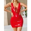 Kırmızı Arkası İp Dekolteli Mini Fantezi Parlak Deri Elbise