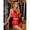 Kırmızı Büstiyer Dantel Detaylı İnce Askılı Saten Şortlu Takım