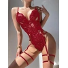 Kırmızı Dantel İşlemeli Fantezi Body Jartiyer Takımı