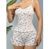 Pamuklu Beyaz Üstüne Çiçek Desen Fitilli Askılı Şortlu Pijama Takımı