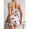 Pamuklu Beyaz Üstüne Kırmızı Kalp Desenli Askılı Şortlu Pijama Takımı