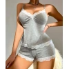 Pamuklu Dantel İşlemeli Gri Askılı Şortlu Pijama Takımı