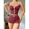 Pamuklu Kahverengi Üstüne Beyaz Kalp Desen Fitilli Askılı Şortlu Pijama Takımı