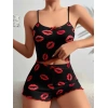 Pamuklu Kiss Öpücük Desen Siyah Fitilli Şortlu Pijama Takımı