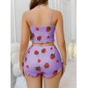 Pamuklu Lila Üstüne Çilek Desen Fitilli Askılı Şortlu Pijama Takımı