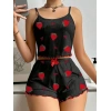 Pamuklu Siyah Üstüne Çilek Desen Fitilli Askılı Şortlu Pijama Takımı