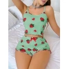 Pamuklu Yeşil Üstüne Çilek Desen Fitilli Askılı Şortlu Pijama Takımı