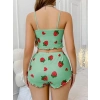 Pamuklu Yeşil Üstüne Çilek Desen Fitilli Askılı Şortlu Pijama Takımı