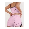 Pembe Kalp Desenli Askılı Şortlu Pijama Takım