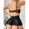 Siyah Dantelli Göğüs İp Detaylı Fantezi Jartiyer Takımı