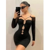 Siyah Göğüs Dekolteli İp Detaylı Mini Club Elbisesi