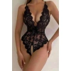 Siyah Özel Bölgesi Açık Fiyonklu Dantel Fantezi Body