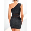 Arias Closet Özel Tasarım Siyah Tek Omuz Dekolteli Işıltılı Fantezi Mini Club Elbisesi