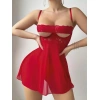 Kırmızı Dantel İşlemeli Göğüs Dekolteli Fantezi String Tül Gecelik Takımı