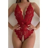 Kırmızı Özel Bölgesi Açık Fiyonklu Dantel Fantezi Body