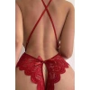 Kırmızı Özel Bölgesi Açık Fiyonklu Dantel Fantezi Body
