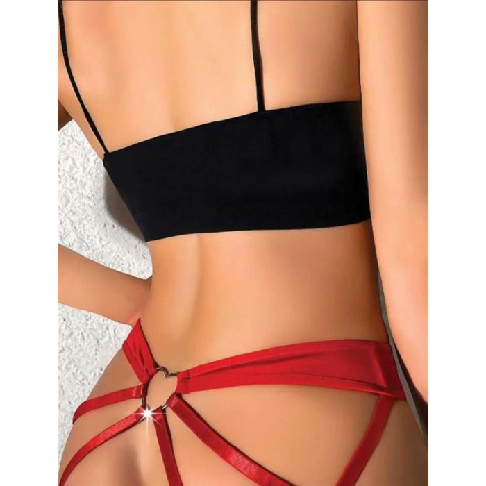 Arkası Şeritli Kalp Metal Aksesuarlı Fantezi Kırmızı String Tanga