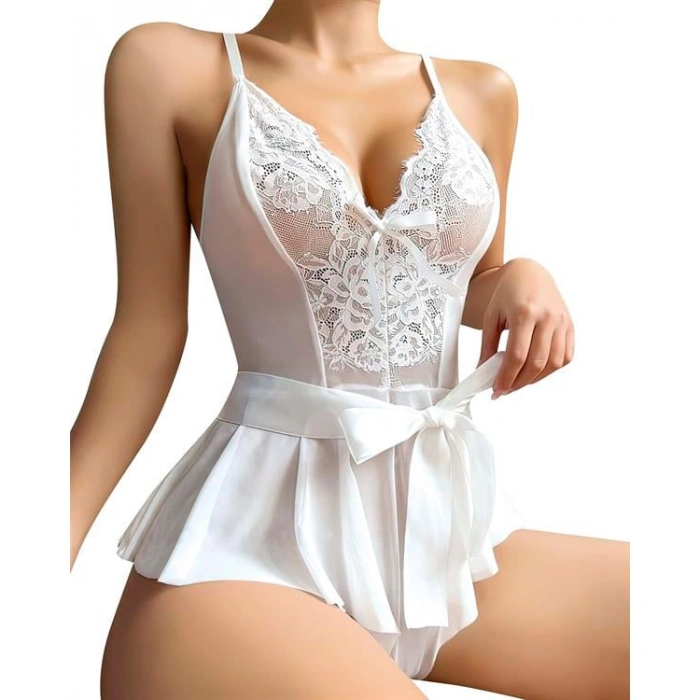 Beyaz Dantel İşlemeli Kurdelalı Fantezi Tül Babydoll