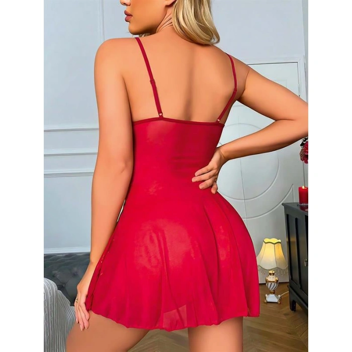 Bordo Dantel İşlemeli Göğüs İp Detaylı Fantezi Tül Gecelik Takımı