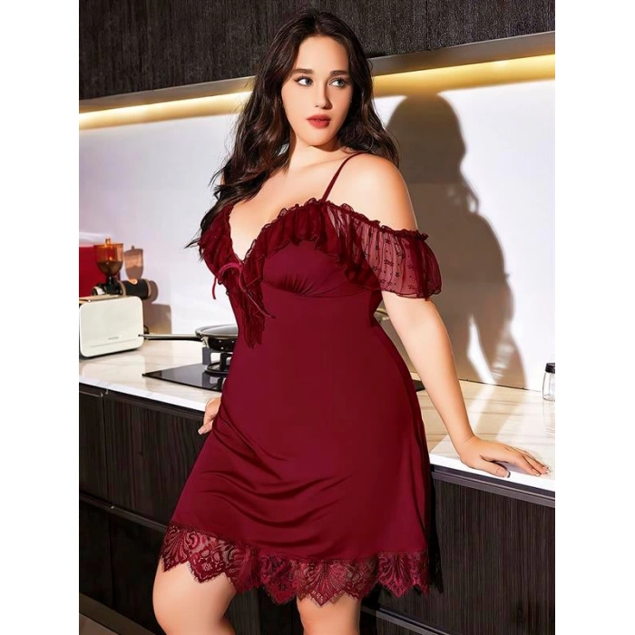 Büyük Beden Bordo Dantel İşlemeli İnce Askılı Gecelik