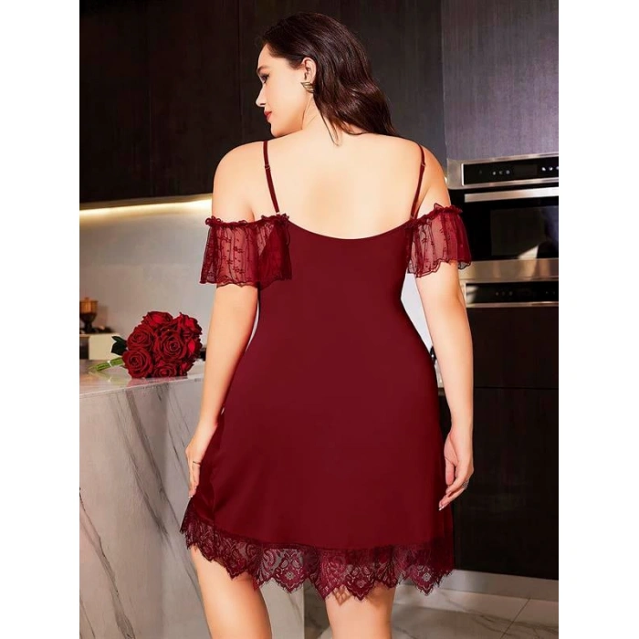 Büyük Beden Bordo Dantel İşlemeli İnce Askılı Gecelik