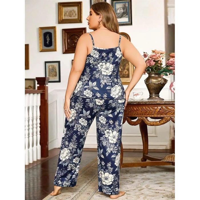 Büyük Beden Çiçek Desenli İnce Askılı Lacivert 2li Takım