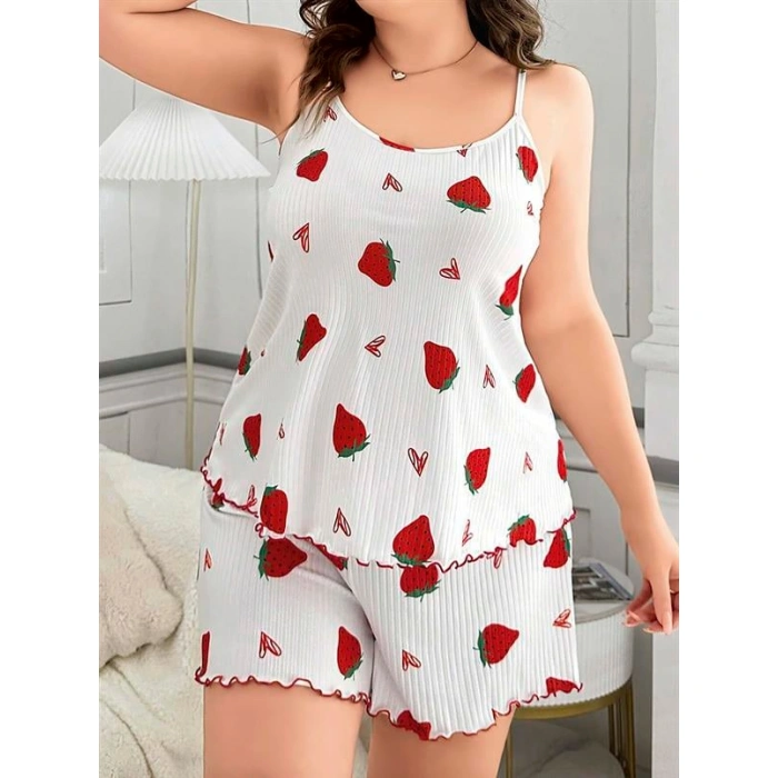 Büyük Beden Çilek Desen Pamuklu Şortlu Pijama Takımı