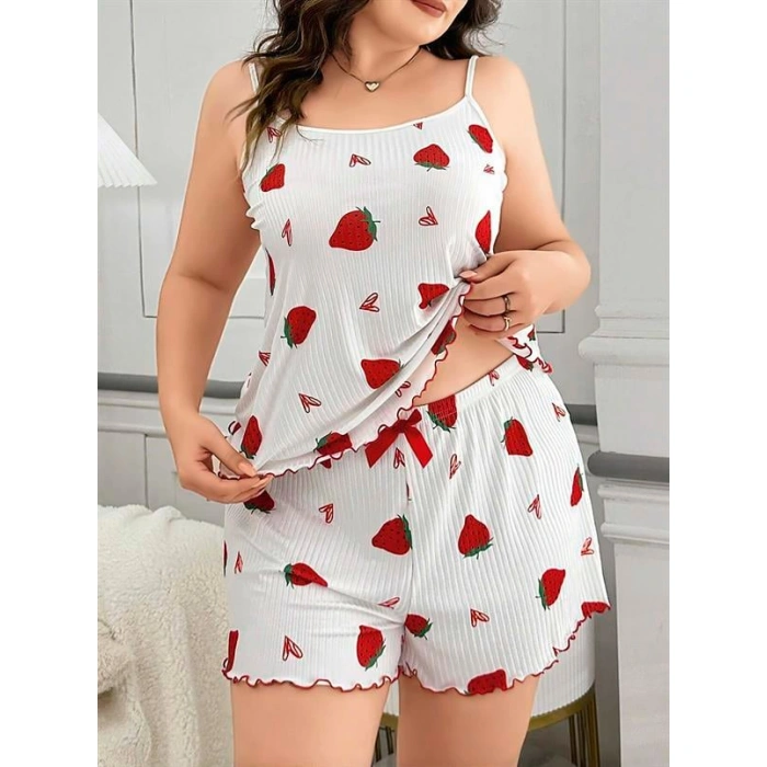 Büyük Beden Çilek Desen Pamuklu Şortlu Pijama Takımı