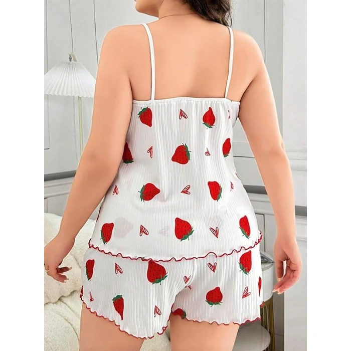 Büyük Beden Çilek Desen Pamuklu Şortlu Pijama Takımı