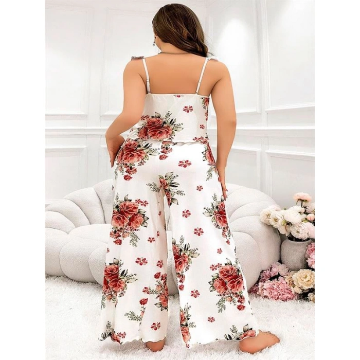 Büyük Beden Gül Desenli İnce Askılı Beyaz Salaş 2li Takım