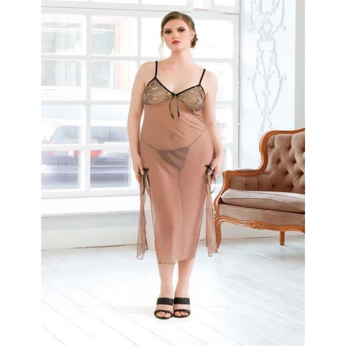 Büyük Beden Kahverengi Tül Fantezi Uzun Yırtmaçlı Gecelik
