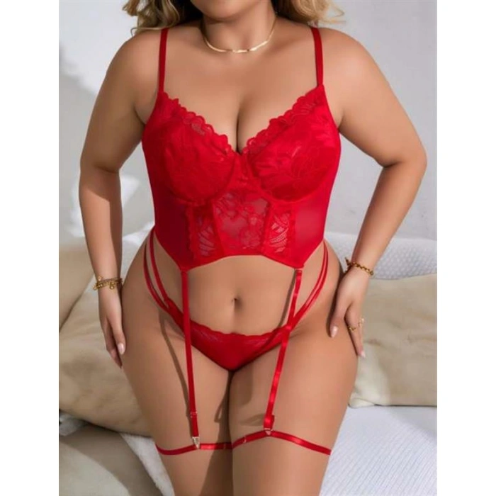 Büyük Beden Kırmızı Dantel İşlemeli Büstiyer Fantezi Jartiyer Takımı