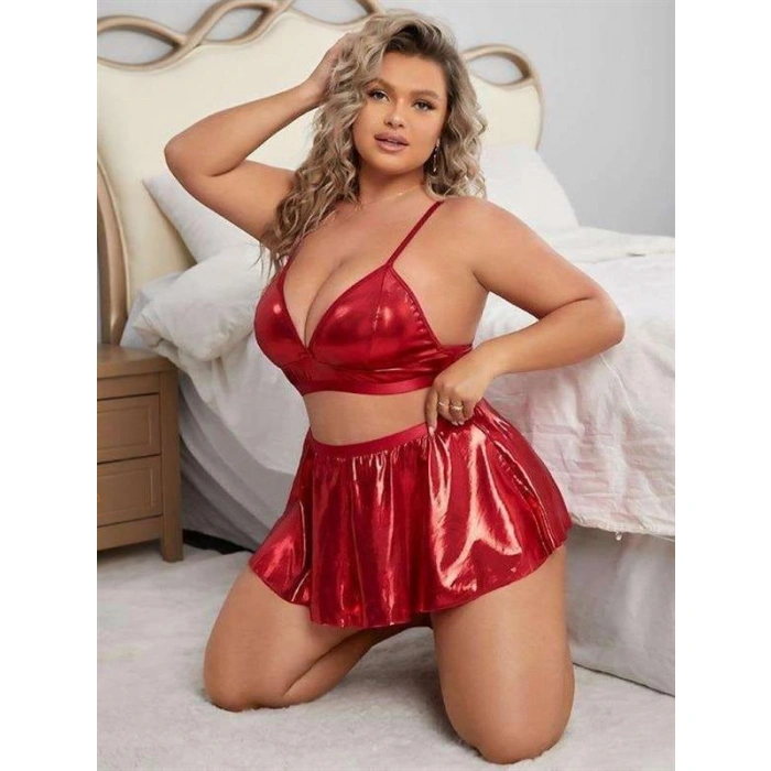 Büyük Beden Kırmızı Deri Etekli Fantezi Kostüm