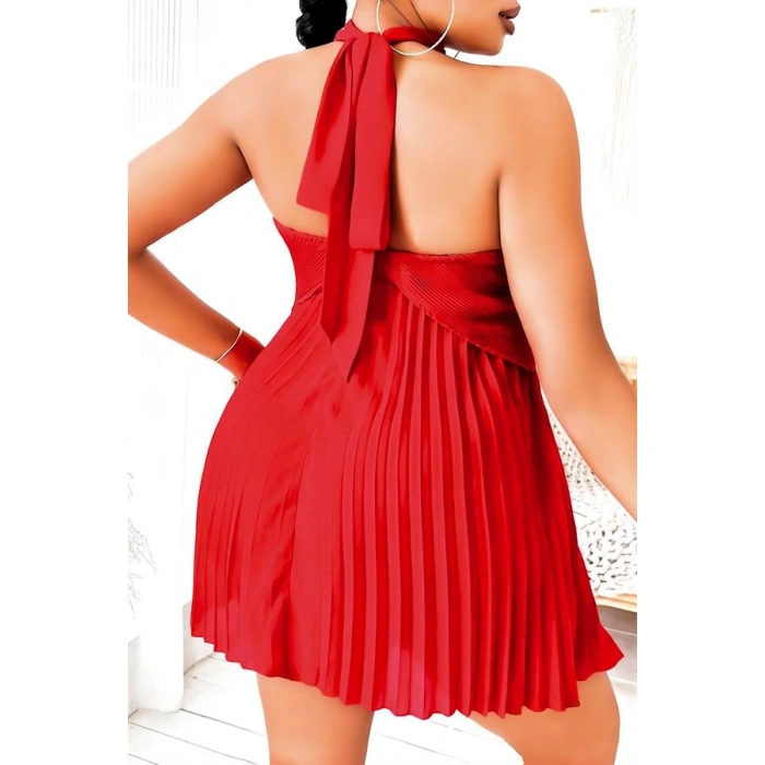 Büyük Beden Kırmızı Fırfırlı Boyundan Bağlamalı Gecelik