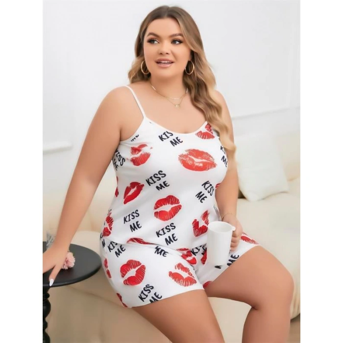Büyük Beden Kiss Me Öpücük Desen Pamuklu Şortlu Pijama Takımı