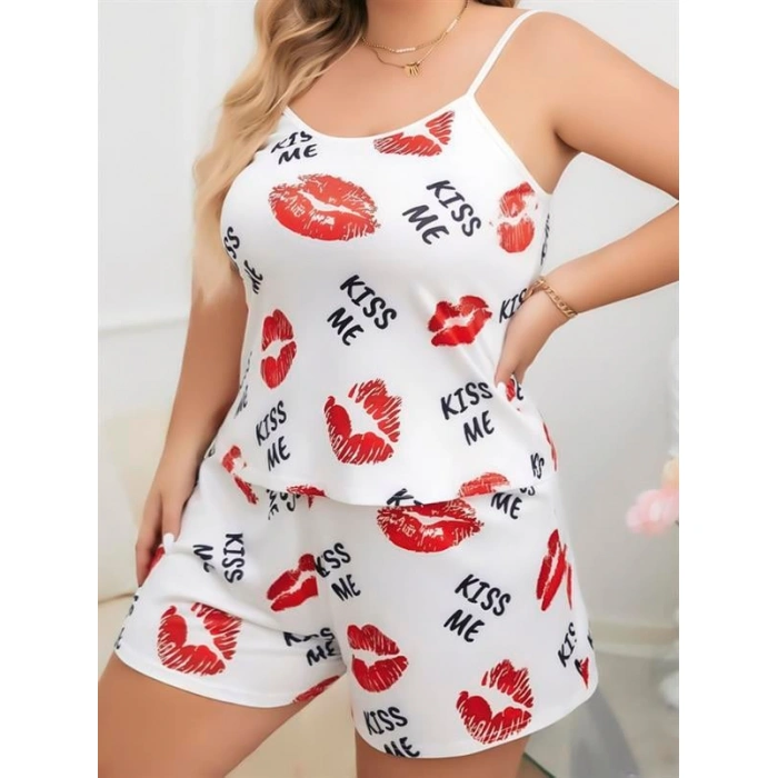 Büyük Beden Kiss Me Öpücük Desen Pamuklu Şortlu Pijama Takımı