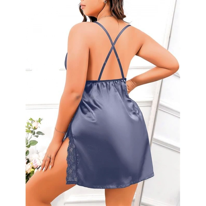 Büyük Beden Lacivert Dantel İşlemeli İnce Askılı Saten Fantezi Gecelik