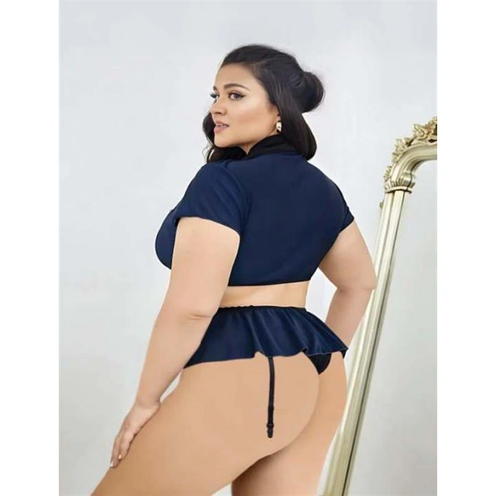 Büyük Beden Lacivert Göğüs Detay Büstiyerli Kravatlı Mini Etekli Fantezi Polis Kostümü