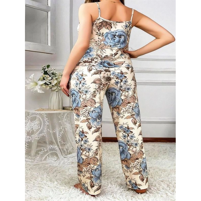 Büyük Beden Mavi Çiçek Desenli İnce Askılı 2li Saten Pijama