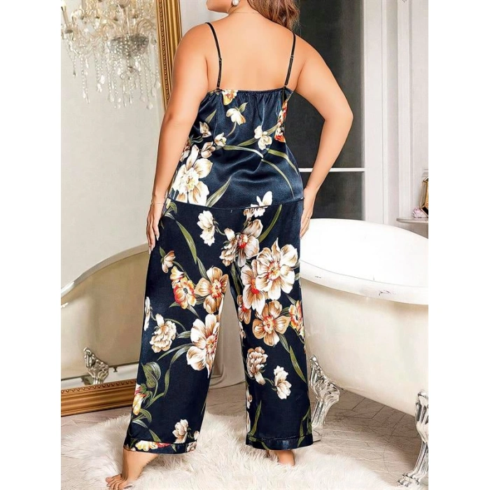 Büyük Beden Mavi Üstüne Çiçek Desenli İnce Askılı 2li Saten Pijama Takımı