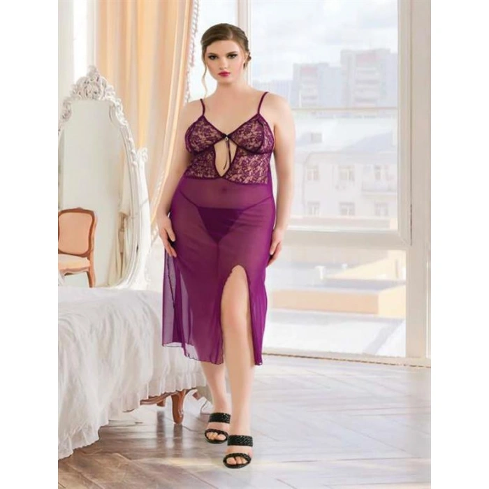 Büyük Beden Mor Dantelli Tül Fantezi Uzun Yırtmaçlı Gecelik