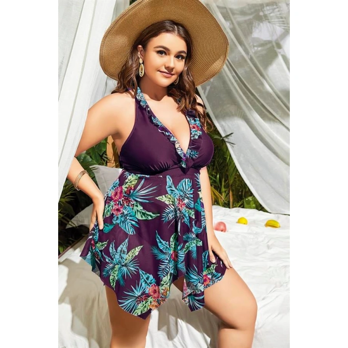 Büyük Beden Mor Üstüne Çiçek Desenli Boyundan Bağlamalı Elbise