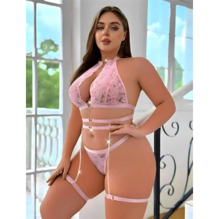 Büyük Beden Pembe Dantel İşlemeli Zincir Detaylı Jartiyer Takımı