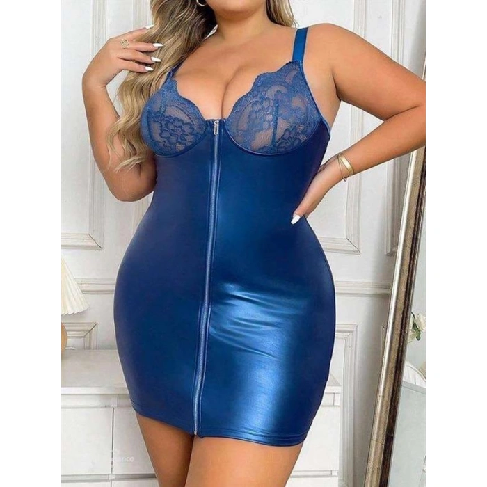 Büyük Beden Saks Deri Dantelli Fermuarlı Fantezi Elbise