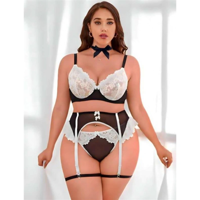 Büyük Beden Siyah Beyaz Dantel İşlemeli Fantezi Jartiyer Takımı