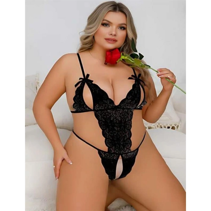 Büyük Beden Siyah Dantel İşlemeli Dekolteli Fantezi Babydoll